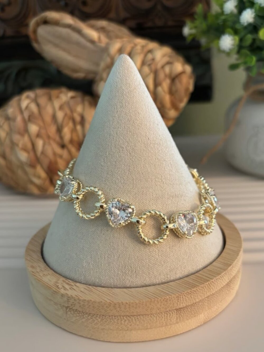 CZ Hearts on Gold Plated Toggle Bracelet